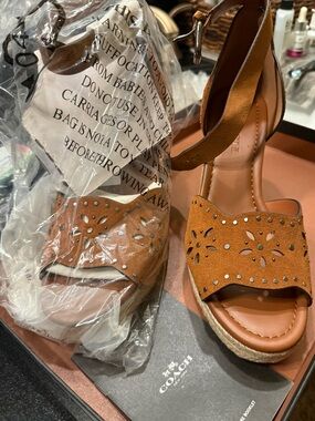 Coach Tan Suede Espadrille Wedge Sandals with Stud Detail
